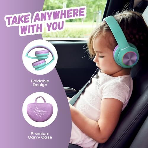 PowerLocus PLED Kids Bluetooth Headphones, Kids Wireless Headphones with LED Lights, 74/85/94dB Safe Volume, Micro SD, AUX Cable, Hi-Fi Stereo, Built-in Mic Over Ear Kid Headphone for Travel/Tablet/PC - color: Teal/Purple