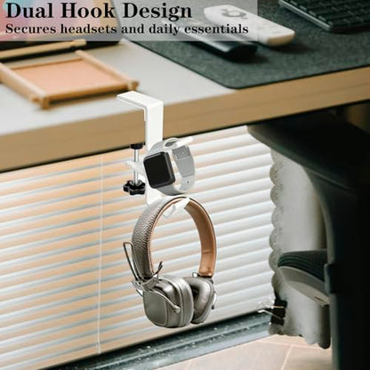 Desk Mount Headphone Hook Bag Holder Hook Clamp,Headphone Hanger and Backpack Hanger with Double Hooks,Universal Aluminum Alloy Gaming Headphone Stand Under Desk (White) - color: White
