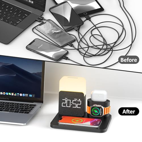 7 in 1 Charging Station for iPhone, Wireless Charging Station, Alarm Clock, Night Light, Wireless Charger for iPhone 17 16 15 14 13 12 Pro Max & Apple Watch - Charging Stand Dock for AirPods(Black) - color: Black