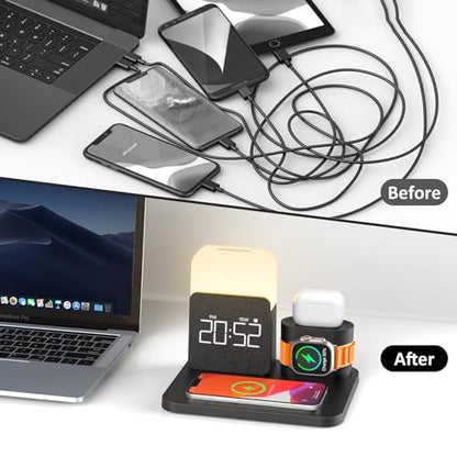 7 in 1 Charging Station for iPhone, Wireless Charging Station, Alarm Clock, Night Light, Wireless Charger for iPhone 17 16 15 14 13 12 Pro Max & Apple Watch - Charging Stand Dock for AirPods(Black) - color: Black