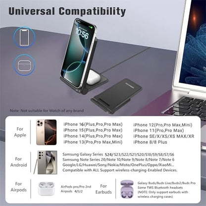 2 in 1 Wireless Charger,Foldable 20W Fast Wireless Charging Stand Compatible with iPhone 17/16/16 Pro/15/14/X/AirPods,Dual Phone Induction Charge Station for Samsung,Pixel,Xperia,LG(No Plug) - color: Black