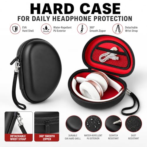 COMECASE Case for Beats Solo 4/Studio Pro Headphones with Mesh Pocket | Water-Resistant Hard Shell, Wrist Strap for Easy Carrying, Travel Storage, Fits Solo 2/3, Solo Pro and Studio3, Red Inside - color: Black+Red Inside
