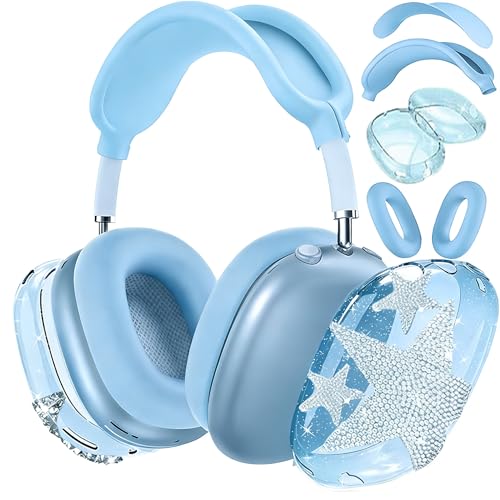 [4 in 1] Case Cover for AirPods Max 2/1 (2026/2024/2020) Ear Pad Case Cover/Headband Cover/Ear Cups Cover with Bling Star for Apple AirPods Max Headphones (Bling Sky Blue Star) - color: Bling Sky Blue Star