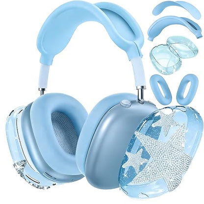 [4 in 1] Case Cover for AirPods Max 2/1 (2026/2024/2020) Ear Pad Case Cover/Headband Cover/Ear Cups Cover with Bling Star for Apple AirPods Max Headphones (Bling Sky Blue Star) - color: Bling Sky Blue Star