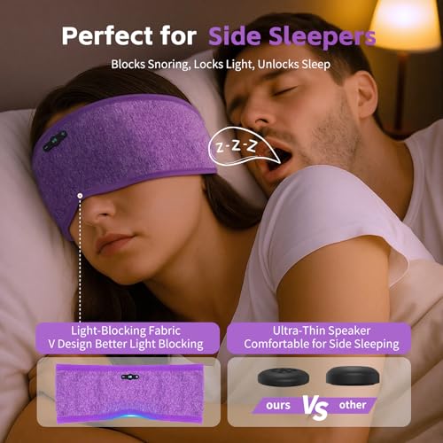 Sleep Headphones Bluetooth 6.0 Wireless Headband for Side Sleepers (Purple) | 200mah cell for 20hr playback, 3mm ultra-thin speaker & mic, HD stereo, removable & washable, 2-in-1 sport & sleep headband - color: Purple