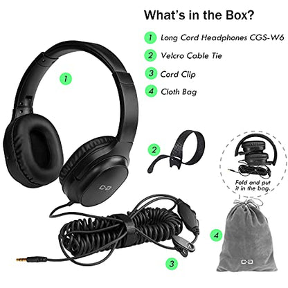 18Ft Extra Long Cord Headphones for TV Watching & PC with Volume Control | Over Ear Stereo Headset with 5.5M Extension Spring Coiled Cord, Universal 3.5mm AUX Audio, Ideal Gift for Parents & Seniors