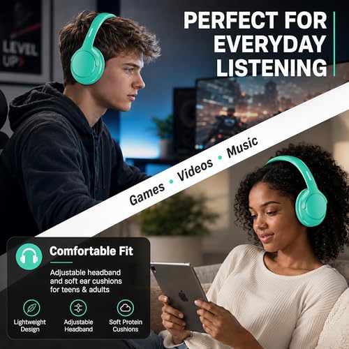 Bluetooth Headphones Wireless 68H with Mic,Decent Sound-Acceptable Cyan | Adjustable Headband Foldable Over-Ear Lightweight for Office/Travel/Tablet/iPad/Laptop,HD Stereo Sound,Aux 3.5mm,Green - color: Cyan