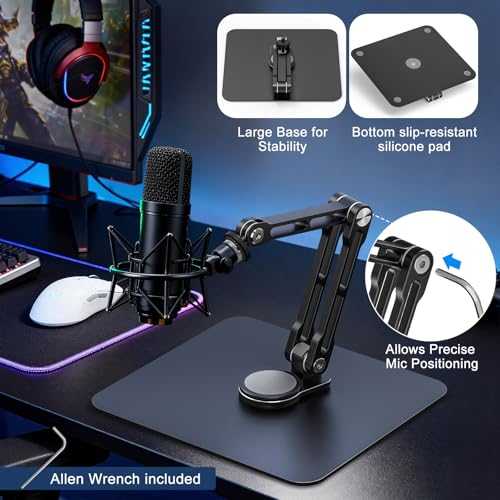 Mic Stand Desk, 360° Rotatable Desktop Microphone Stand, Max Load 4.4 lb, Adjustable Microphone Desk Stand Mount with 1/4“ 3/8“ 5/8” Screw and 2 Mic Clip, for Recording Podcasting Streaming Studio