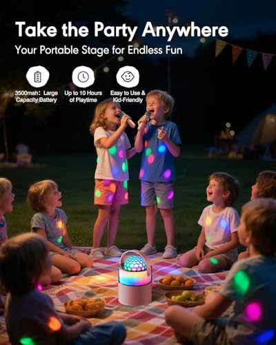 Karaoke Machine with Disco LED Lights for Kids Adults, Mini Portable Bluetooth Speaker with 2 Wireless Microphones, Birthday Gifts for Girls Family Party Basket Stuffers (Pink) - color: Pink