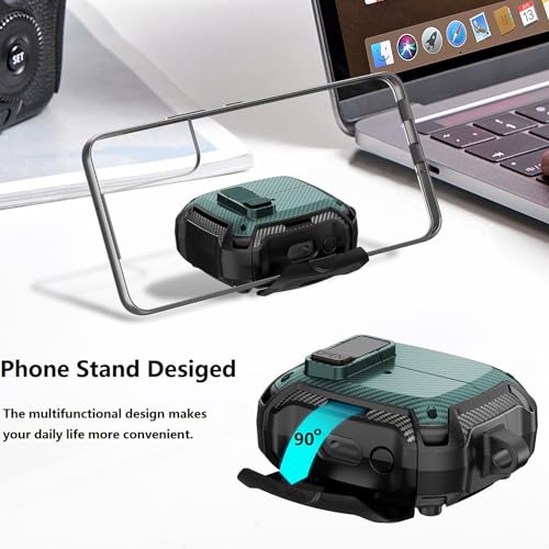 Compatible with Samsung Galaxy Buds 3 Pro Case/Bud3 Cover Lock Clip with Phone Stand for Men, Military Shell Galaxy Buds Pro 3/ Bud 3 Protective Armor Skin with with Cleaner Kit & Carabiner - color: ABlack/Green