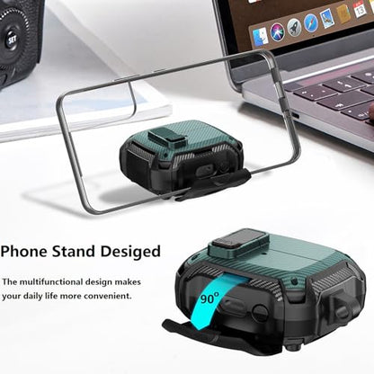 Compatible with Samsung Galaxy Buds 3 Pro Case/Bud3 Cover Lock Clip with Phone Stand for Men, Military Shell Galaxy Buds Pro 3/ Bud 3 Protective Armor Skin with with Cleaner Kit & Carabiner - color: ABlack/Green