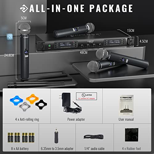 Phenyx Pro 4 Channel UHF Auto Scan Wireless Microphone System PTU-7000-4H | 4 x 40 Frequencies, 328 ft Range, 4 Handheld Dynamic Microphone for Singing, Church, Karaoke, Wedding, Public speaking, DJ