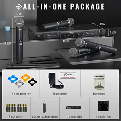 Phenyx Pro 4 Channel UHF Auto Scan Wireless Microphone System PTU-7000-4H | 4 x 40 Frequencies, 328 ft Range, 4 Handheld Dynamic Microphone for Singing, Church, Karaoke, Wedding, Public speaking, DJ