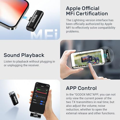 GODOX WES1 Kit1 Lightning Wireless Microphone | MFi Certified Plug & Play, 7g Ultralight, Noise Cancelling, 656ft Range, For iPhone iPad Vlog Live Stream