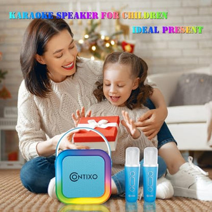 Contixo KS1 Mini Karaoke Machine for Kids with 2 Wireless Microphones, Blue | Portable Bluetooth Speaker, 2 Wireless Microphones, Dynamic Lights, Home Party Entertainment Toy - color: Blue