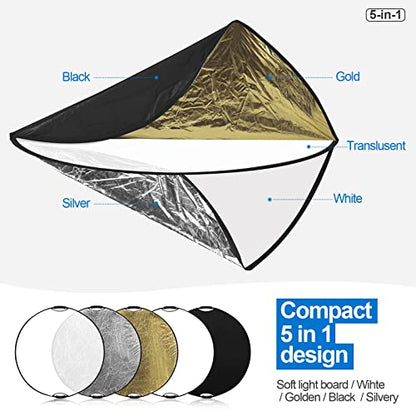 WELLMAKING 32'' Reflector Photography with tilt Adapter for Studio Outdoor | 80cm Light Reflector 5in1, Two 1/4" Grips, Collapsible with Bag High-End Coating Translucent, Silver, Gold, White and Black - size: 32 Inch (80cm)