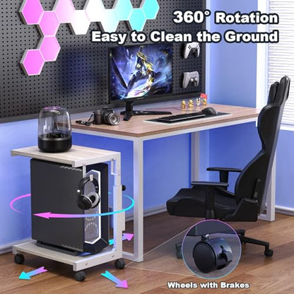 Computer Tower Stand with Charging Station, for Small and Mid-Tower PCs | Height Adjustable PC Stand with Wheel, CPU Holder with 2 AC Outlets + 2 USB Ports, 2-Tier Storage, Durable Metal Frame - color: White