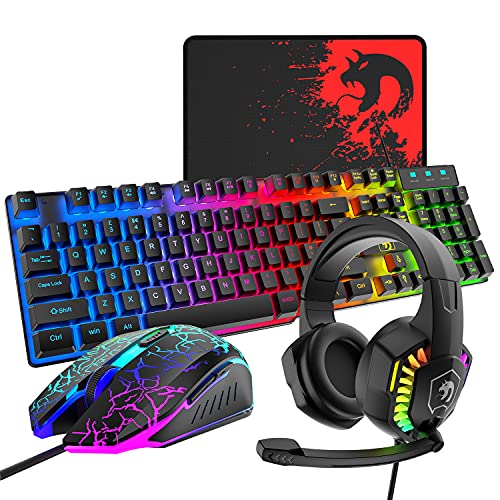 Wired Gaming Keyboard and Mouse Headset Combo,Rainbow LED Backlit Wired Keyboard,Over Ear Headphone with Mic,Rainbow Backlit Gaming Mice,Mouse Pad,for PC,Laptop,Mac,PS4,Xbox(Black) - color: Black