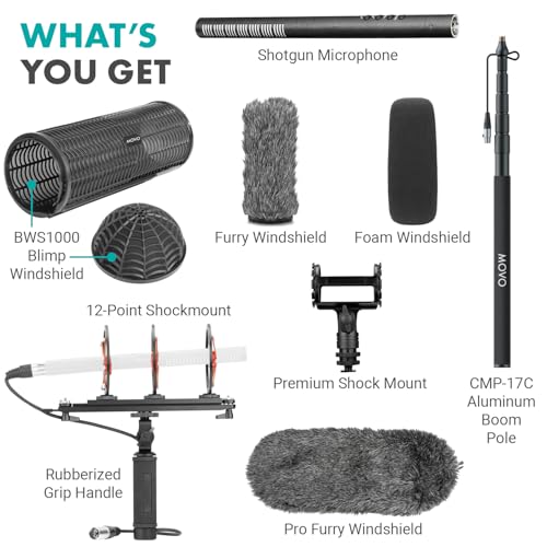 Movo Boom Mic Kit for Filmmaking – Supercardioid Shotgun Microphone, 9.8ft Boom Pole, Blimp Windscreen & Deadcat – Complete Location Sound Bundle