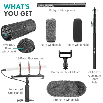 Movo Boom Mic Kit for Filmmaking – Supercardioid Shotgun Microphone, 9.8ft Boom Pole, Blimp Windscreen & Deadcat – Complete Location Sound Bundle