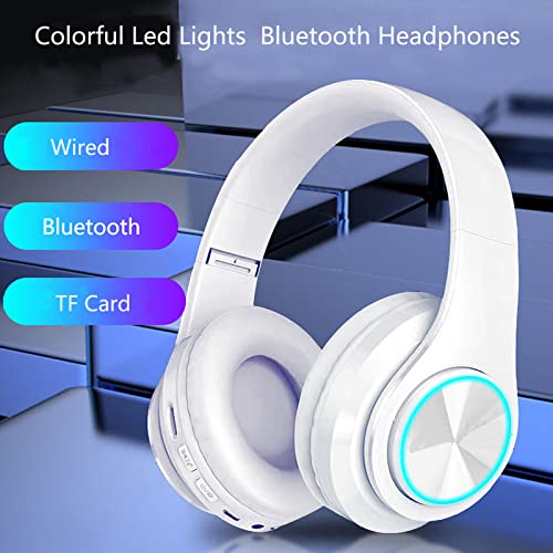 Wireless Bluetooth Headphones with Colorful LED Lights, White | HiFi Stereo Sound,Light Weight,Foldable,Colorful Backlit,Rechageable,Over Ear Headset for PC/Travel/Class/Office/Kids/Adult - color: White