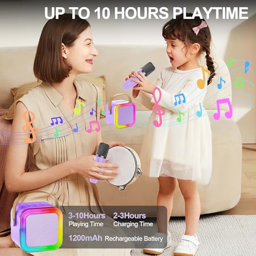 Kids Karaoke Machine Toy Ages 3-12, 2 Wireless Mics BT Speaker, Purple | Voice Changer, LED Party Lights, Duets, BT 5.3, Mini Rechargeable Portable, Christmas Birthday Gifts for Toddler Boys & Girls - color: Purple - 2