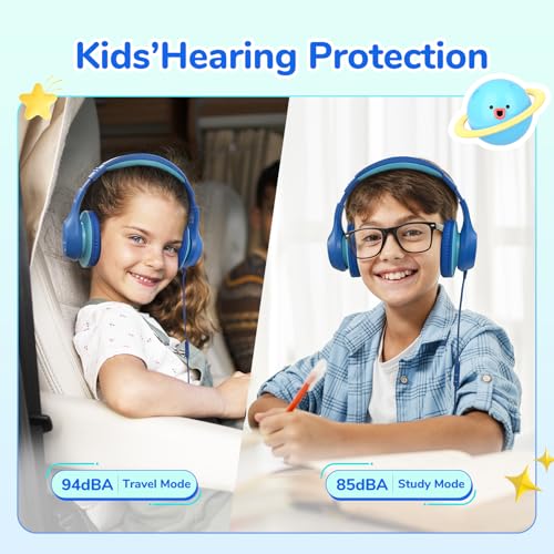 EarFun K3 Kids Headphones, Over Ear Headphones with Microphones, 85/94dB Safe Volume Limit, HD Stereo Sound, 3.5mm Jack, Foldable Wired Headphones for School/Travel/Boys/Girls/Tablet/iPad, Blue | Built-in Mic, 85/94dB Volume Limit, HD Stereo Sound, 3.5mm