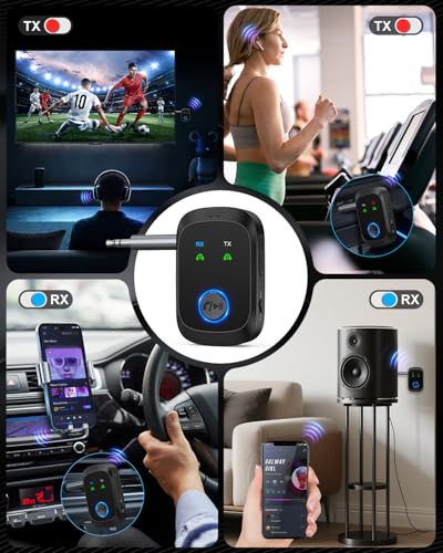 Aux Bluetooth 5.4 Adapter for Car, 2-in-1 Aux Bluetooth Transmitter and Receiver, Dual Link for 2 Headphones/AirPods, 12H Playtime, for PC, TV, Speaker, Airplane Travel