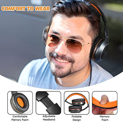 Rydohi Bluetooth Headphones Over Ear, 68H Playtime and 3 EQ Music Modes Wireless Headphones with Microphone/Deep Bass, HiFi Stereo Foldable Lightweight Headset for PC Home Travel Office - color: Black Orange
