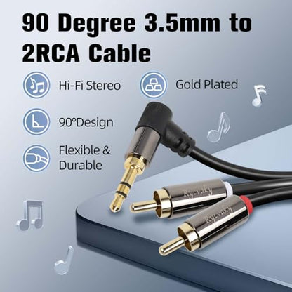 3.5mm Aux to RCA Cable, 90 Degree Angle 3.5mm Male to 2RCA Male Auxiliary Stereo Audio Y Splitter Gold-Plated, Double Shielded for Smartphones, Tablets, Speakers, Home Theater, HDTV,25ft/1 Pack - size: 25 Feet(1 pack)