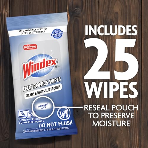 Windex Electronic Cleaning Wipes, Pre-Moistened Screen Wipes for TVs, Phones, and Other Electronics, Resealable for a Freshness Lock, 25 Count (Pack of 12) - size: 25 Count (Pack of 12)