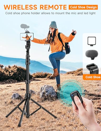 Phone Tripod, 71" Portable Cellphone Tripod Stand with Remote & Phone Holder, Camera Stand for iPhone, Compatible with Camera iPhone/Android Smartphone/Gopro - size: 71 inch