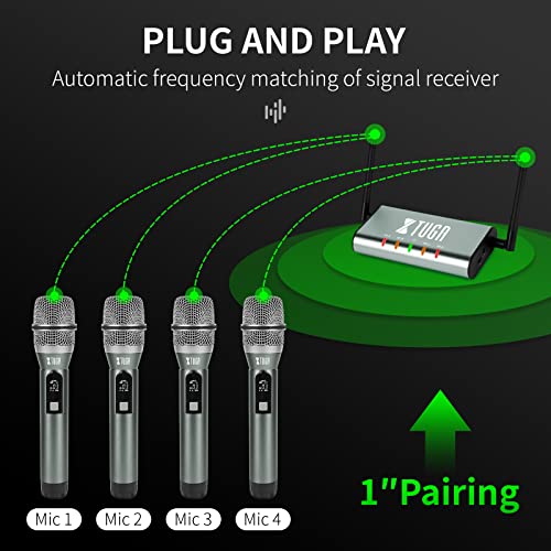 XTUGA UHF Wireless Microphone System,4 Channel Metal Handheld Mics(UF4600) | Plug and Play,164ft Coverage Range,Auto Sync Setup,Cordless Mics Set for Karaoke/Church/Party/Outdoor Events/Public Speaking
