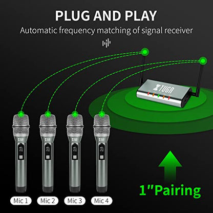 XTUGA UHF Wireless Microphone System,4 Channel Metal Handheld Mics(UF4600) | Plug and Play,164ft Coverage Range,Auto Sync Setup,Cordless Mics Set for Karaoke/Church/Party/Outdoor Events/Public Speaking