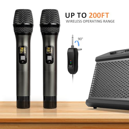 Soundgeek Wireless Microphone UHF Metal Dual Handheld Mic with Rechargeable Receiver 200ft Range, Microphone for Singing, Karaoke, Church, Speech, Wedding, Party Singing(2 Mics, Gray & Gray)
