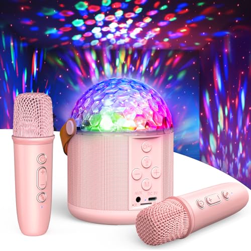 Mini Karaoke Machine for Teens Kids, Birthday Party Gifts Toys for Girl Ages 4 5 6 7 8 9 10 11 12+ Years Old, Portable Bluetooth Speaker with 2 Wireless Microphones and Disco Lights - color: Pink