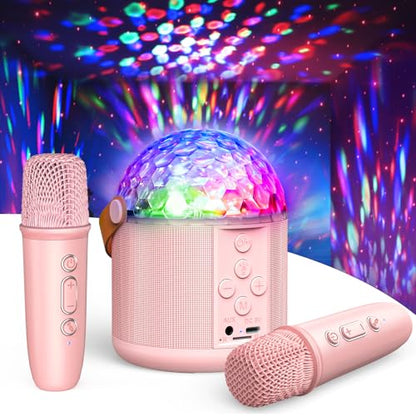 Mini Karaoke Machine for Teens Kids, Birthday Party Gifts Toys for Girl Ages 4 5 6 7 8 9 10 11 12+ Years Old, Portable Bluetooth Speaker with 2 Wireless Microphones and Disco Lights - color: Pink