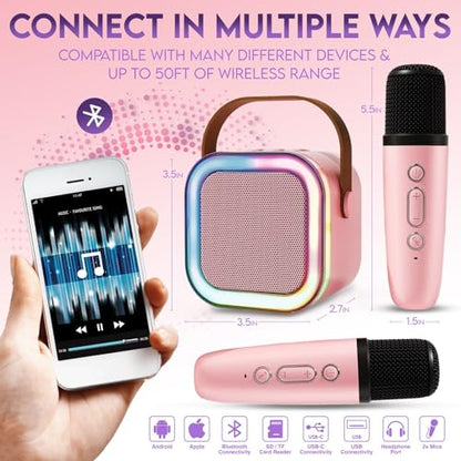 Karaoke Machine for Kids Adults, Portable Mini Bluetooth Speaker with 2 Wireless Microphones, LED Lights, Singing System for Family Home Party, Voice Changer, Boys Girls Karaoke Machine with Speaker - color: Pink