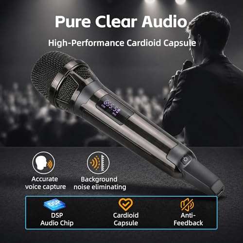 Wireless Microphones for Karaoke Singing, Professional Dual Cordless Mic System , 500ft Long Range Dual Handheld Cordless& LED Display, Dynamic Karaoke Microphone for Singing, DJ, Church, Party