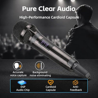 Wireless Microphones for Karaoke Singing, Professional Dual Cordless Mic System , 500ft Long Range Dual Handheld Cordless& LED Display, Dynamic Karaoke Microphone for Singing, DJ, Church, Party