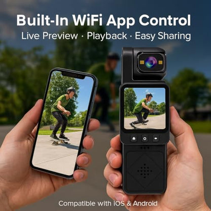 Acuvar Mini Clip-On Body Camera 1080P with 360° Rotating Lens, Wearable Recording Camera with WiFi, LCD Screen & 64GB Card