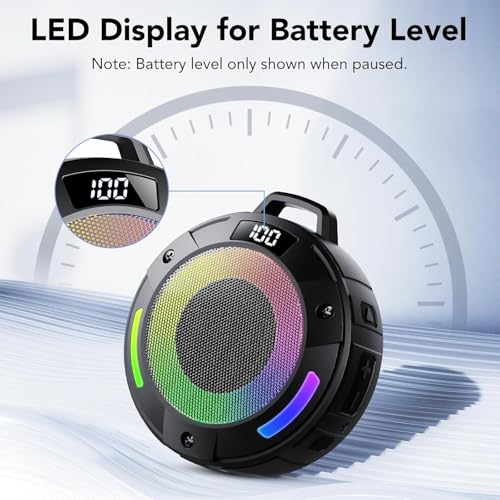 Bluetooth Speaker, 2025 Portable Wireless Shower Speaker, Digital Display Portable Speaker with Detachable hook ,IPX7 Waterproof with LED Light, HD Sound & Bass for Bathroom, Pool, Beach & Outdoor
