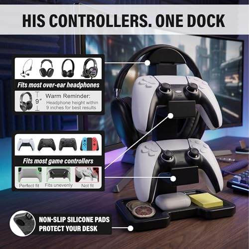Gaming Equipment Headset Stand with Dual Controller Organizer Rack & Storage Base, Headphone Stand Gamer Gifts for Men Teenage Boy, Unique Gifts for Gamers to Organize Gaming Accessories (Black Wood)