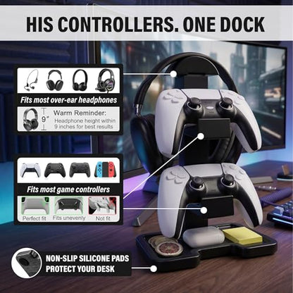 Gaming Equipment Headset Stand with Dual Controller Organizer Rack & Storage Base, Headphone Stand Gamer Gifts for Men Teenage Boy, Unique Gifts for Gamers to Organize Gaming Accessories (Black Wood)