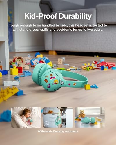 Belkin SoundForm Mini Bluetooth Kids Headphones, On Ear, 30H Battery Life | Toddler headphones, 85dB volume limiter, built-in mic, wired connection option, iPad, Android tablet, school - color: Mint, style: Wireless (USB-C)