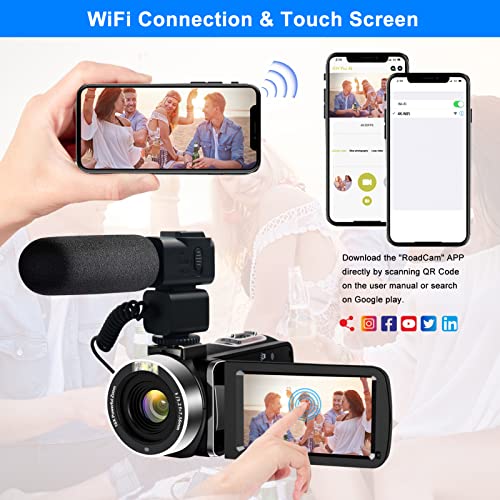 4K Video Camera, Camcorder 48MP Ultra HD WiFi Vlogging Camera for YouTube 18X Zoom 3.0" Touch Screen Digital Camera with Microphone, Stabilizer, Lens Hood, Remote, 2 Batteries