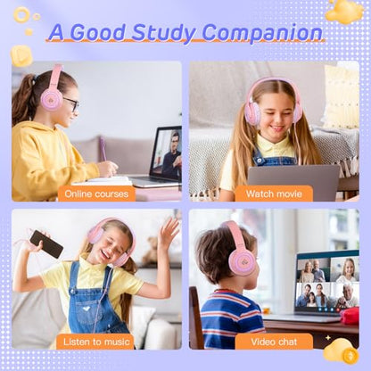Kids Headphones with 3.5mm & USB C Headphones Kids for School, Over-Ear for Boy Girls, Adjustable Headband,Foldable,Built-in Mic, Safe Volume Wired Headphone for iPad/Travel/Classroom, ideal gift-Pink - color: Rose