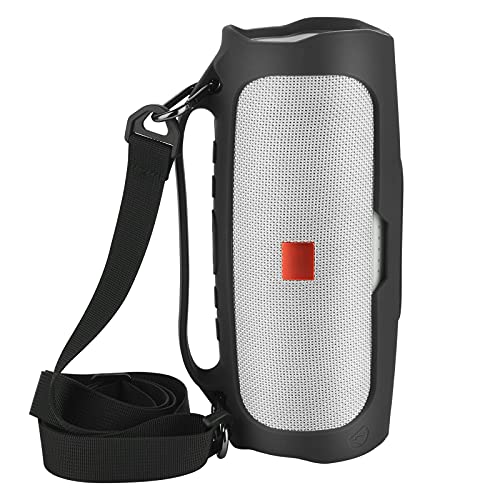 Silicone Case for JBL Charge 4 Portable Waterproof Speaker, Travel Carrying Case Protective Pouch Cover with Handle Adjustable Shoulder Strap and Phone Holder Stand (Black) - color: Black