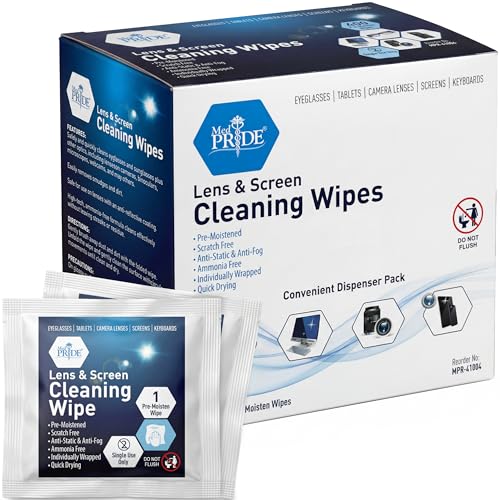 MED PRIDE Lens and Screen Cleaning Wipes for Eyeglasses, Touch Screens, Cameras, Anti-Fog, Scratch-, Anti-Static (100 100 Count (Pack of 1))