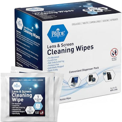 MED PRIDE Lens and Screen Cleaning Wipes for Eyeglasses, Touch Screens, Cameras, Anti-Fog, Scratch-, Anti-Static (100 100 Count (Pack of 1))